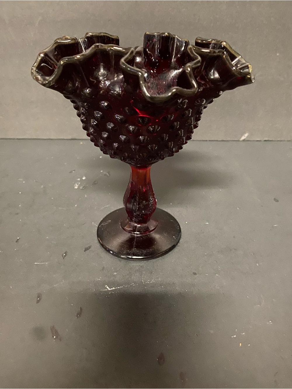 Vintage Hobnail Ruffled Compote - Deep Ruby Glowing Glass Pedestal Dish